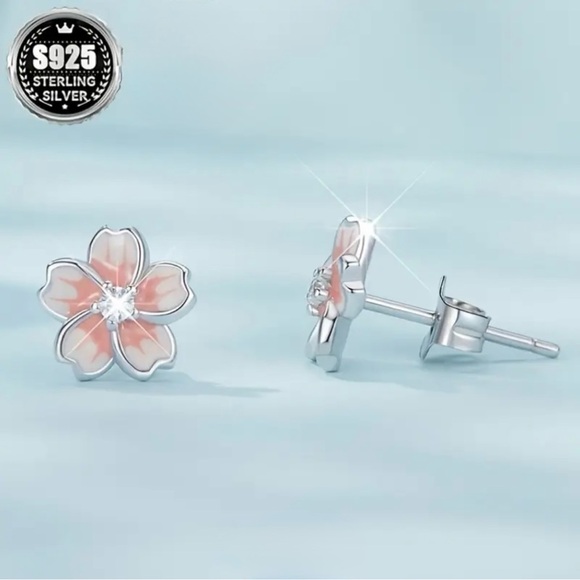 Sterling Silver Pink Flower Earrings - Picture 2 of 6